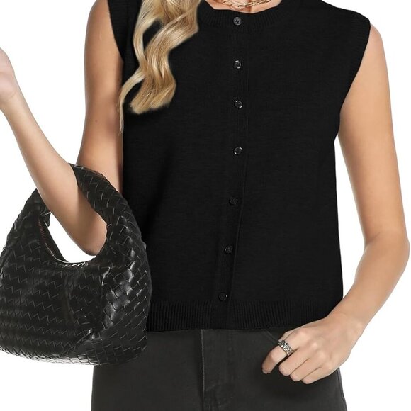 Sweater Vest Women Crewneck Button Down Tank Tops Sleeveless Knit Cardigan Crop - Picture 4 of 5